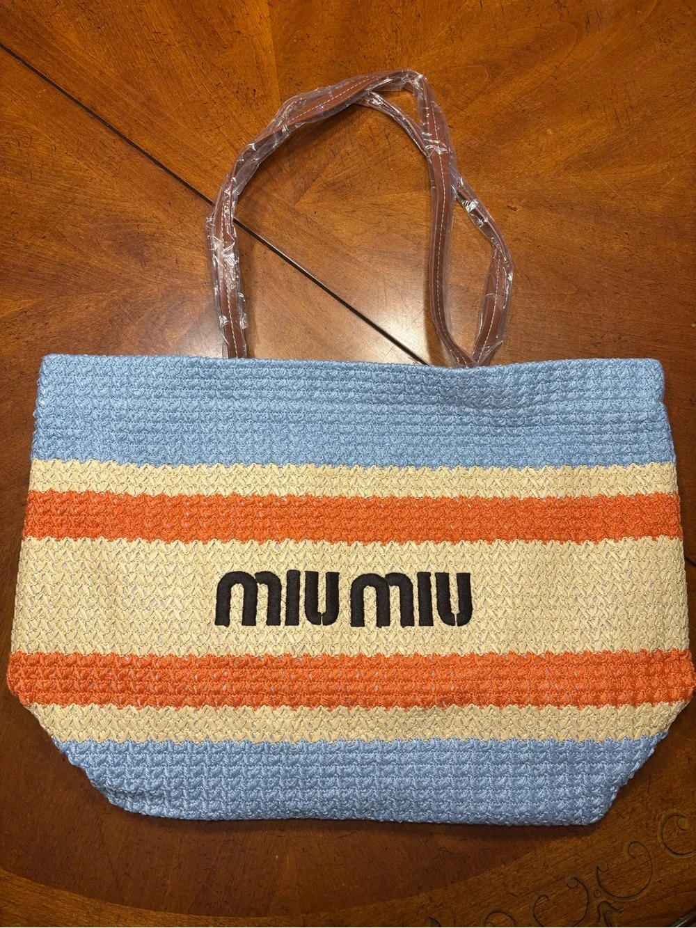 Miu Blue & Cream Striped raffia Straw Tote Bag beach sun nwot - Picture 3 of 7